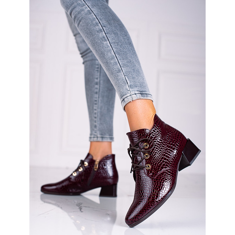 Vinceza women's low boots, burgundy with lacing red 1