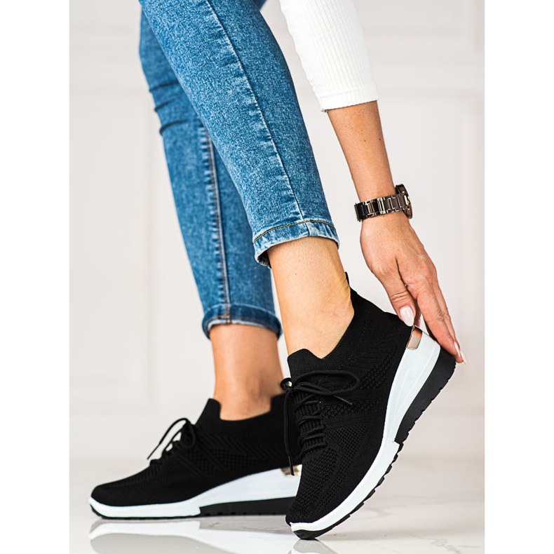 SHELOVET Black fabric sneakers for women on a wedge 1
