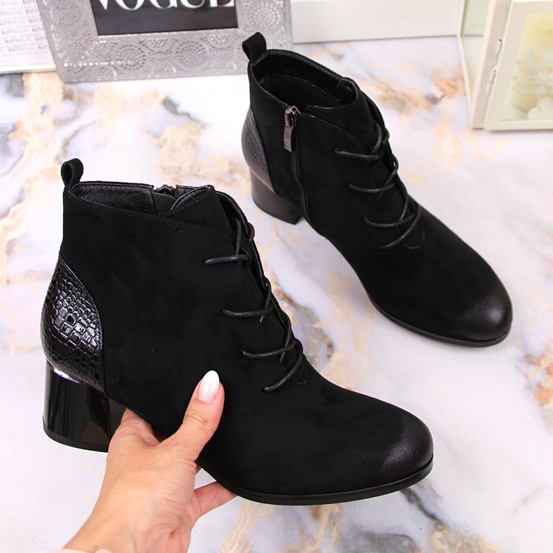 Women's boots, insulated laced eco-suede black Potocki 1