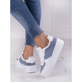 Women's lace-up white and blue sneakers on a high Shelovet platform 1