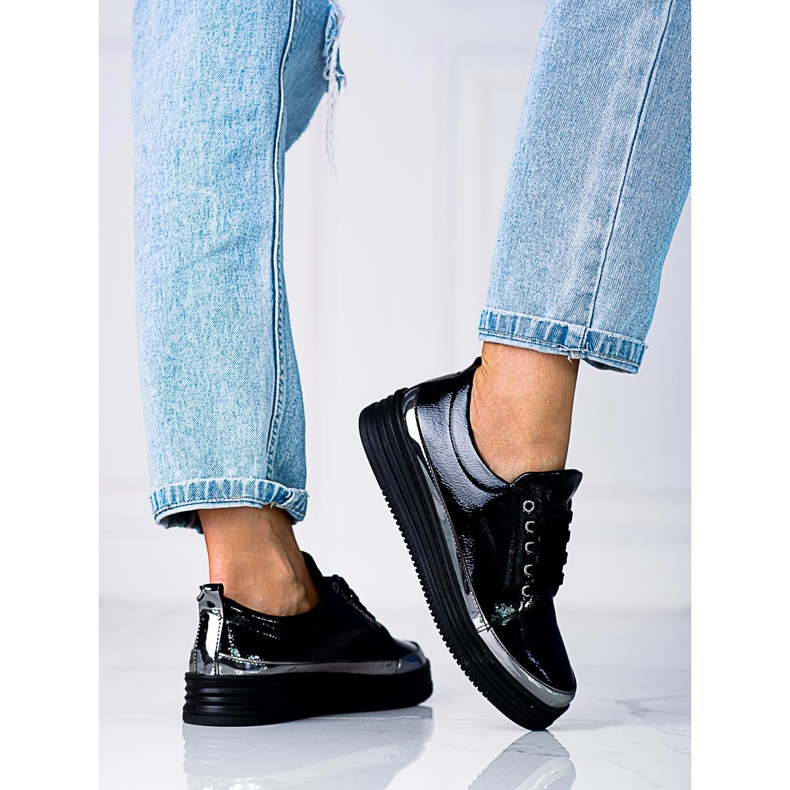 W. Potocki Shelovet women's sneakers made of varnished ecological leather black 2