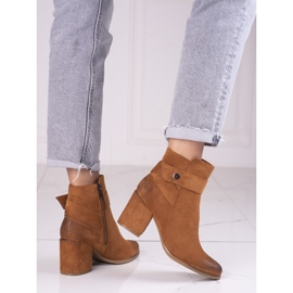 Brown women's boots on the post made of ecological Shelovet suede 1