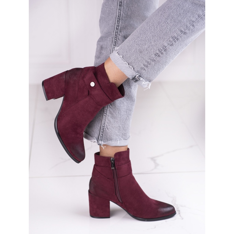 Ladies' maroon boots on a post made of ecological Shelovet suede red 2