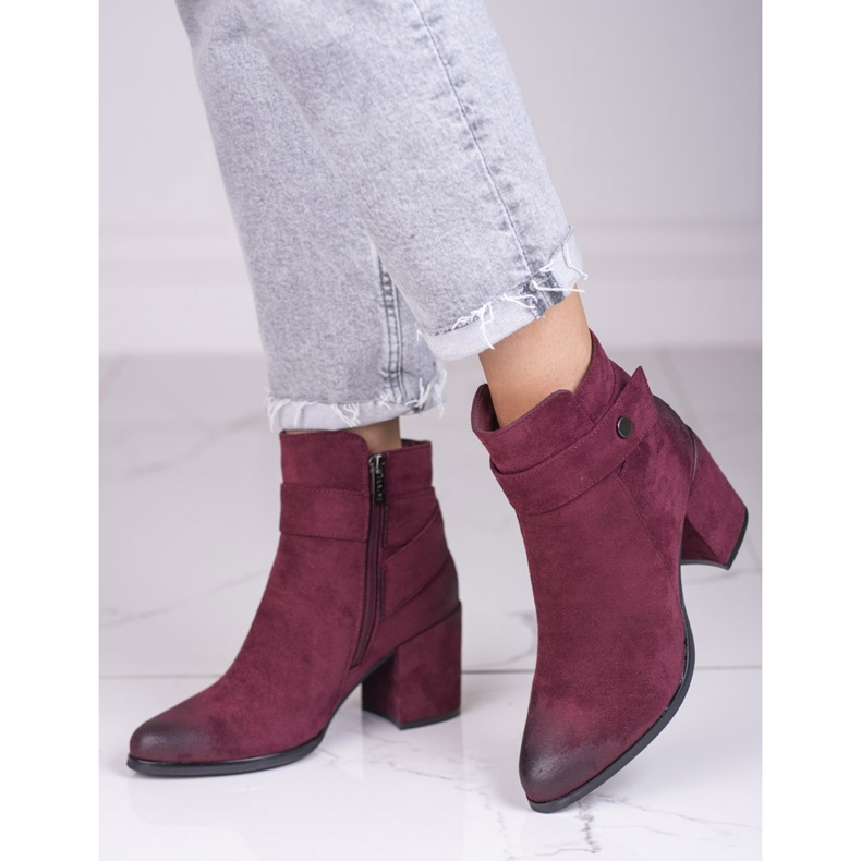 Ladies' maroon boots on a post made of ecological Shelovet suede red 1