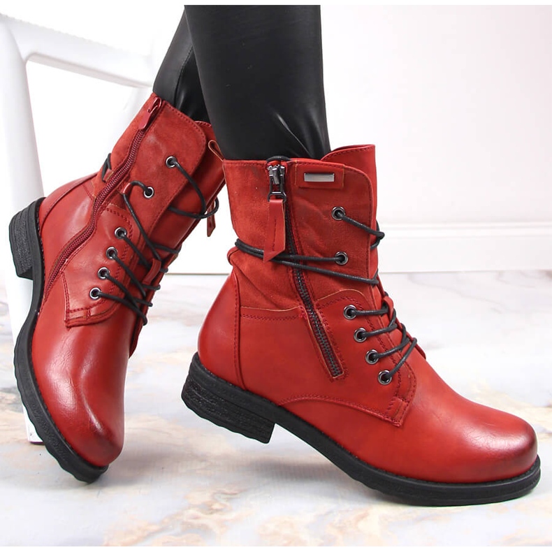 Women's lace-up workers with a zipper in red Jezzi 1