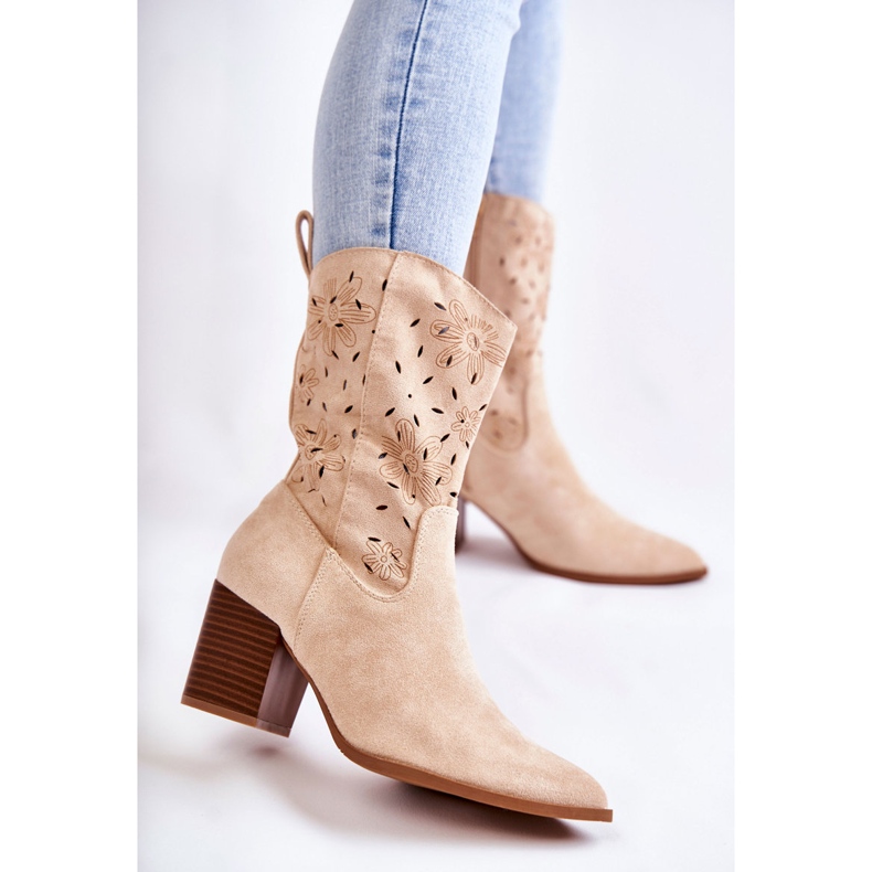 FB1 Women's Suede Boots With Beige Ariane Cowboy Boots 1