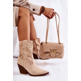 FB1 Fashionable Suede Cowboy Boots With Beige Coralie Flowers 1