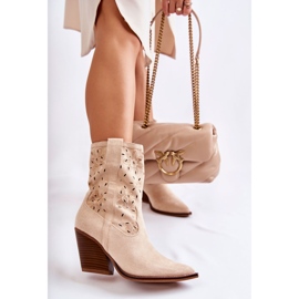 FB1 Fashionable Suede Cowboy Boots With Beige Coralie Flowers 2