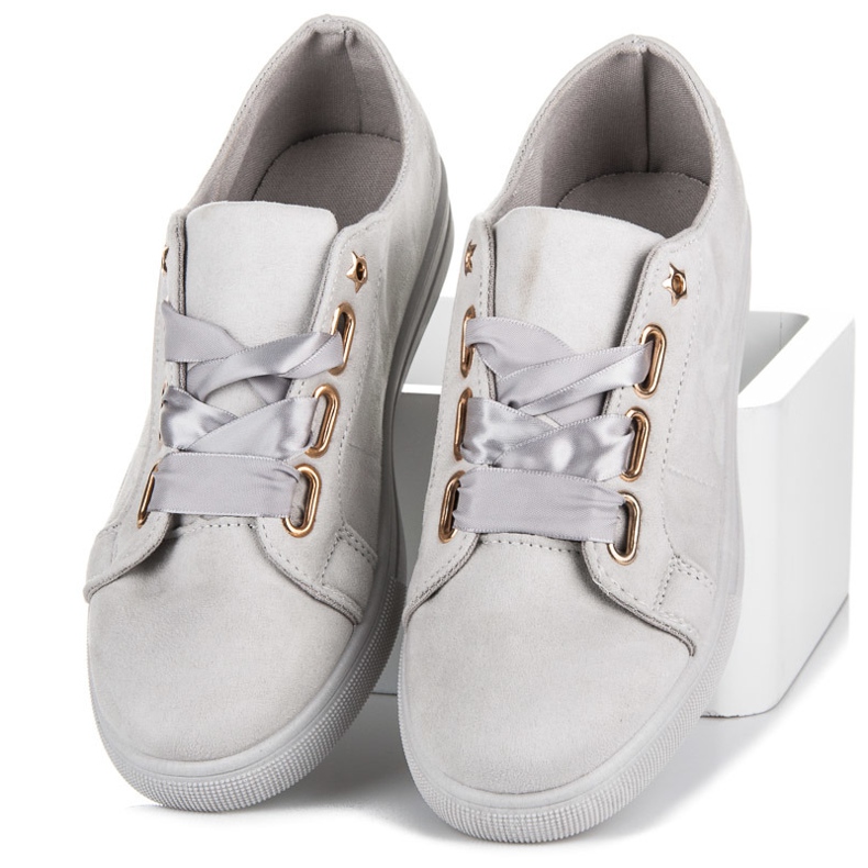 Ideal Shoes Suede sneakers with a ribbon grey 1
