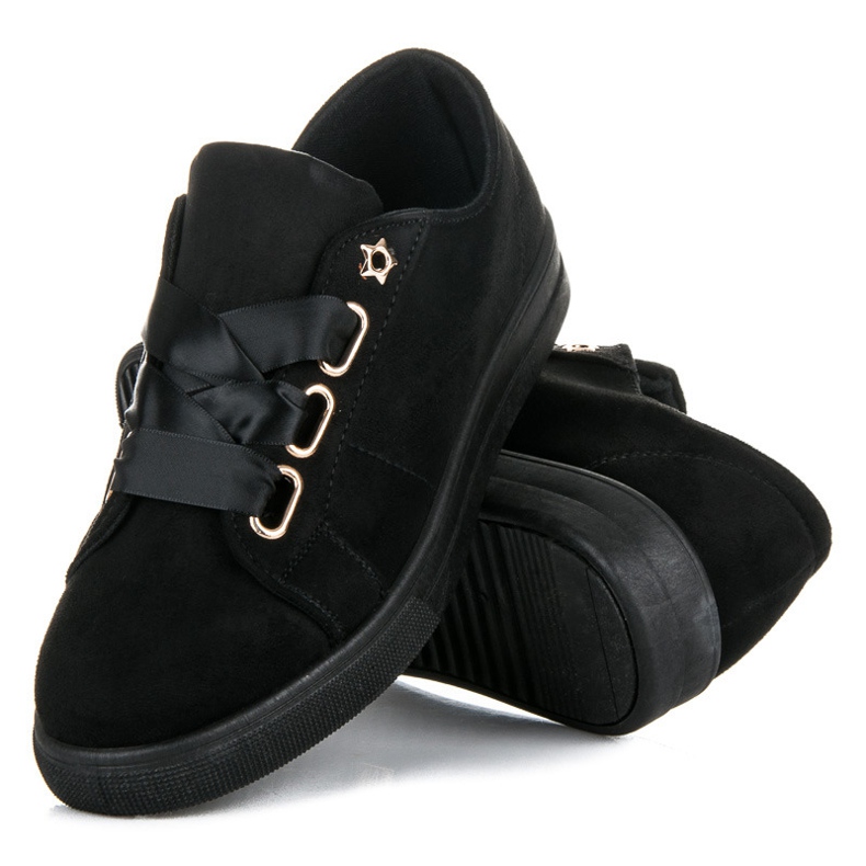 Ideal Shoes Suede Sneakers With A Ribbon black 1