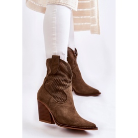 FB1 Women's Suede Openwork Cowboy Boots Khaki Eleonore brown 1