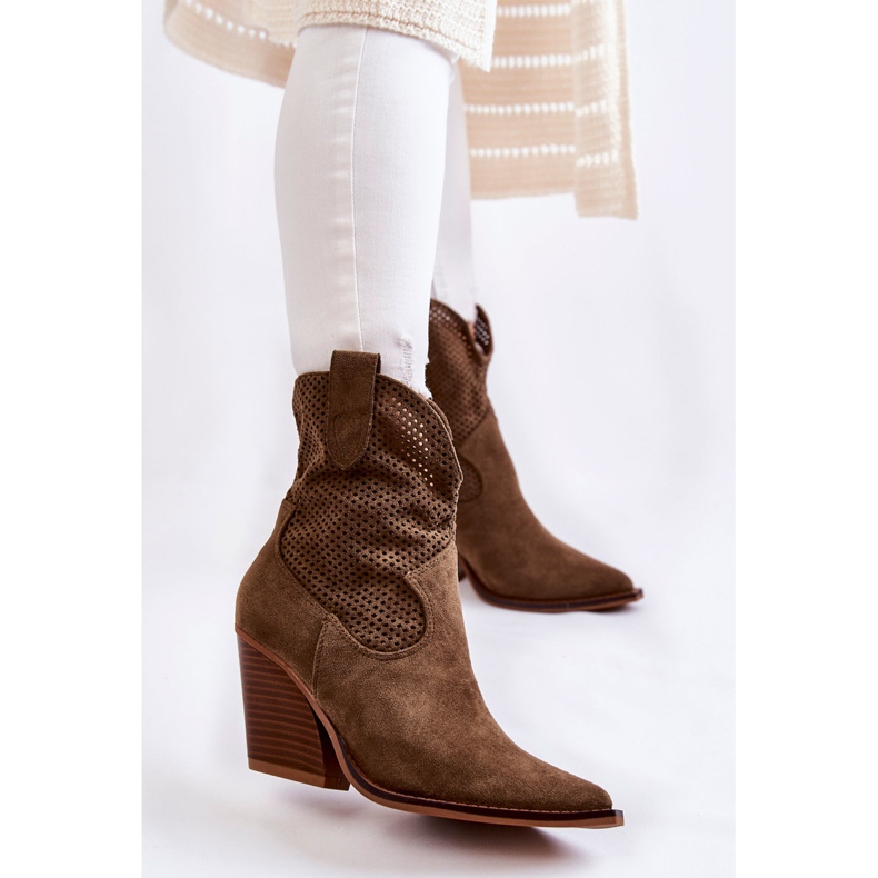 FB1 Women's Suede Openwork Cowboy Boots Khaki Eleonore brown 1
