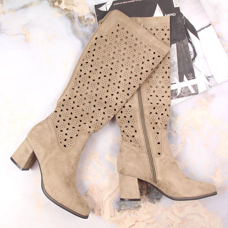 POTOCKI Women's boots, openwork, suede brown Daszyński beige 1