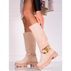 Ladies' beige boots with a Shelovet chain made of ecological suede 1