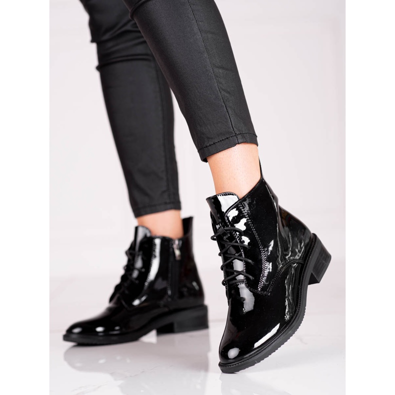 Elegant laced women's Shelovet boots made of varnished ecological leather black 1
