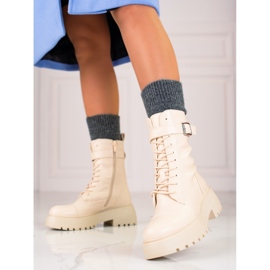 Tall, beige women's workers' boots with laces 1