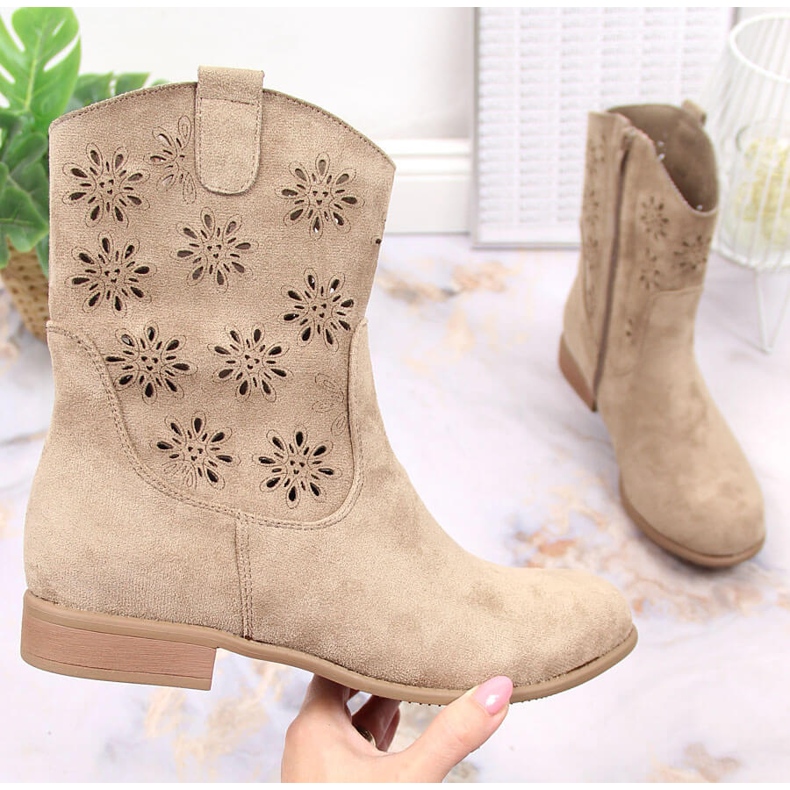 Women's suede cowboy boots with openwork beige Jezzi JEZ368B 1