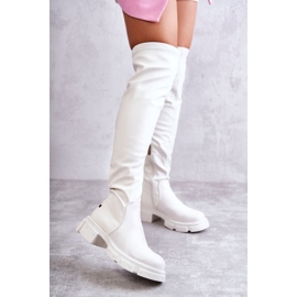 Leather Boots Over The Knee On A Flat Heel GOE KK2N4022 White 1