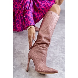 Fashionable Boots On High Heel With Cubic Zirconia Pink Lovisa 1
