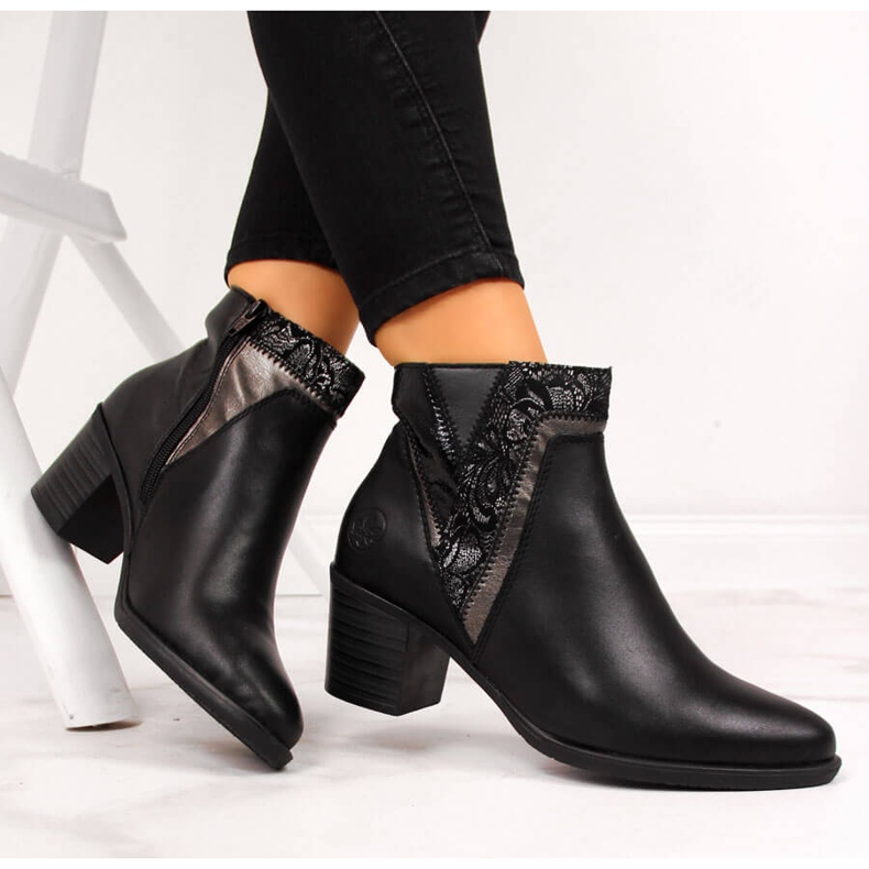 Women's leather boots on the post black Rieker Y2063-00 2