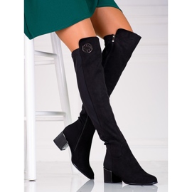 Black Shelovet women's thigh boots on a low post 1 Black Shelovet women's thigh boots on a low post 1