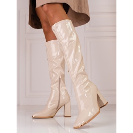 Women's boots on the Shelovet post made of varnished ecological leather beige 1 Women's boots on the Shelovet post made of varnished ecological leather beige 1