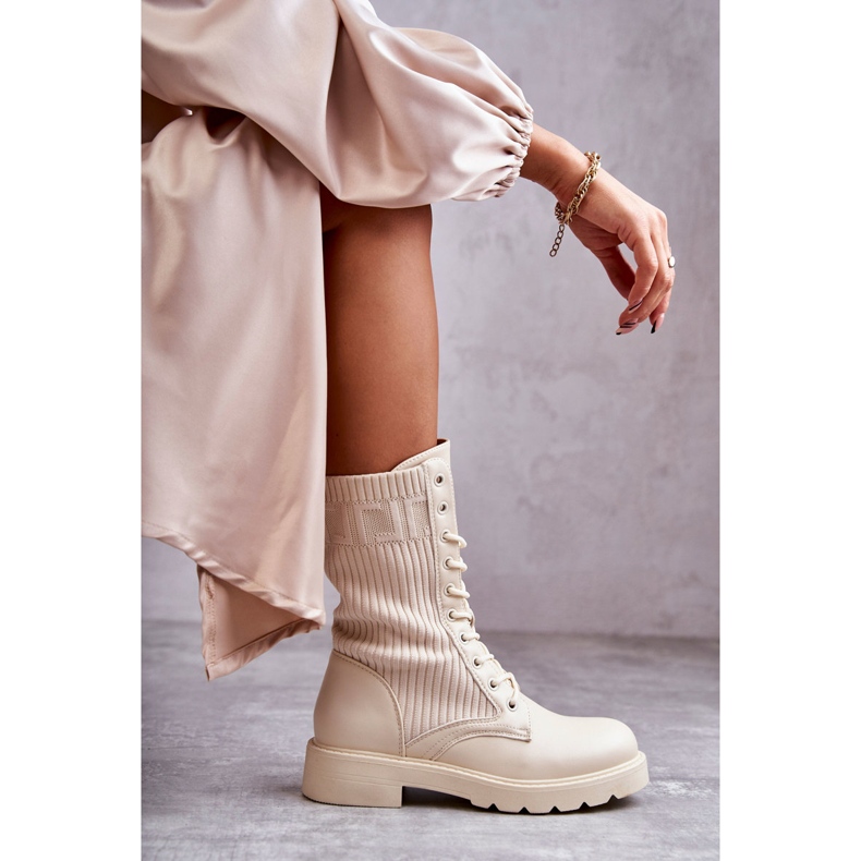 FS1 Women's Ankle Boots With A Sock On A Flat Heel Beige Liam brown 1