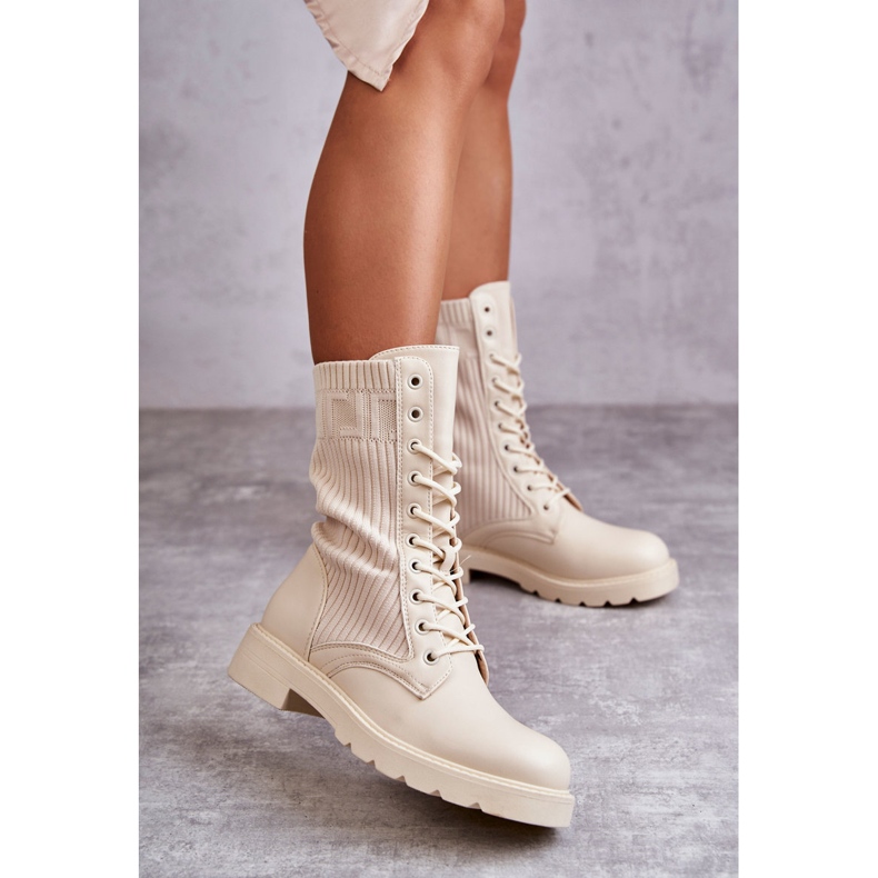 FS1 Women's Ankle Boots With A Sock On A Flat Heel Beige Liam brown 2