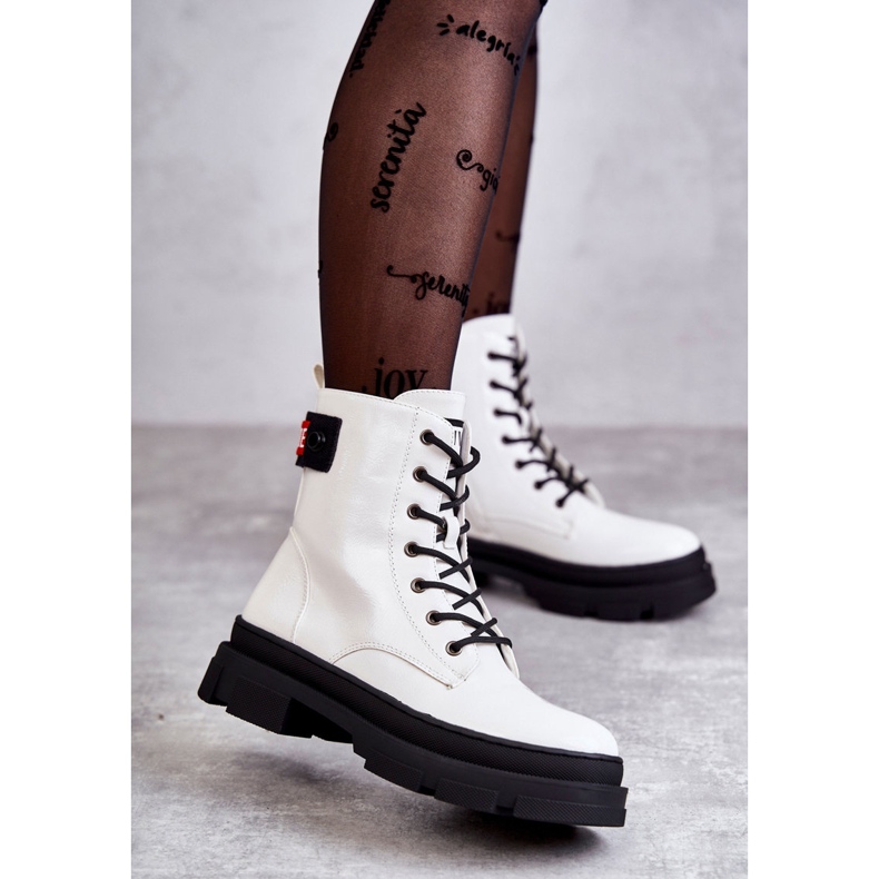 S.Barski Women's Lacquered Boots Lace-up Workers White Conny 2