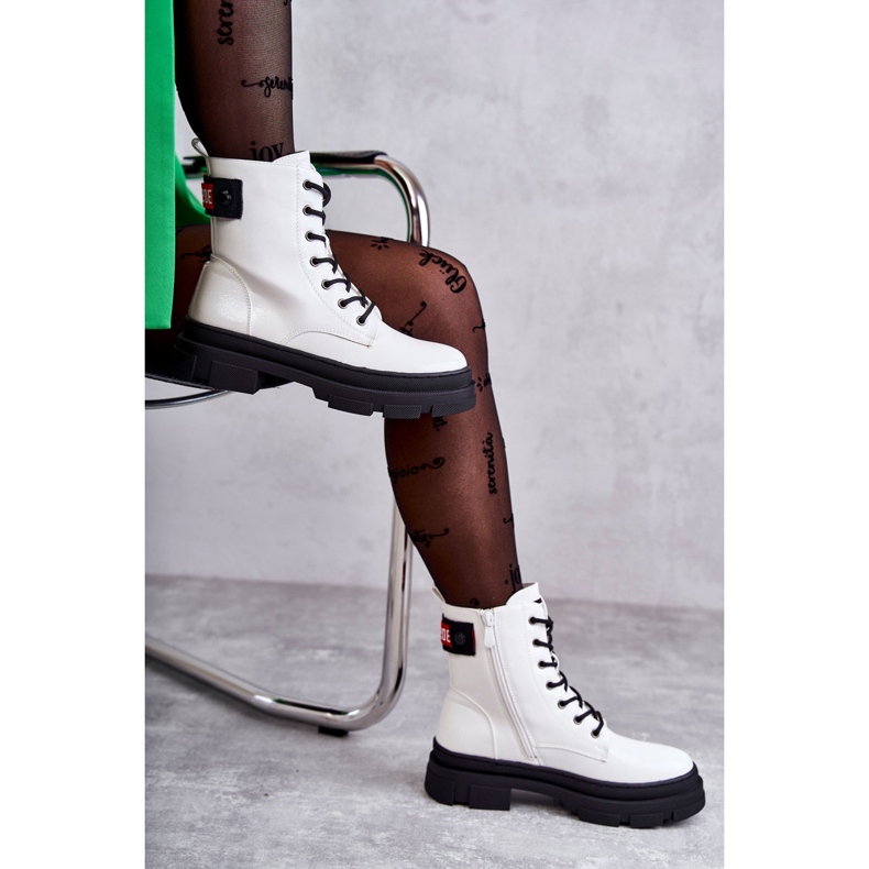 S.Barski Women's Lacquered Boots Lace-up Workers White Conny 1