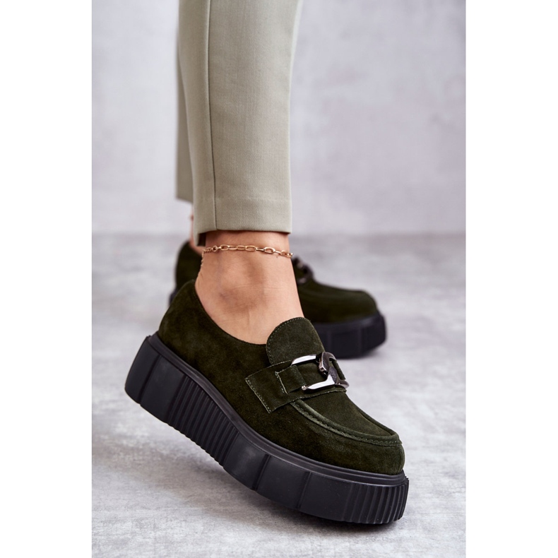 Fashionable suede shoes on the Khaki Marsol platform green 2