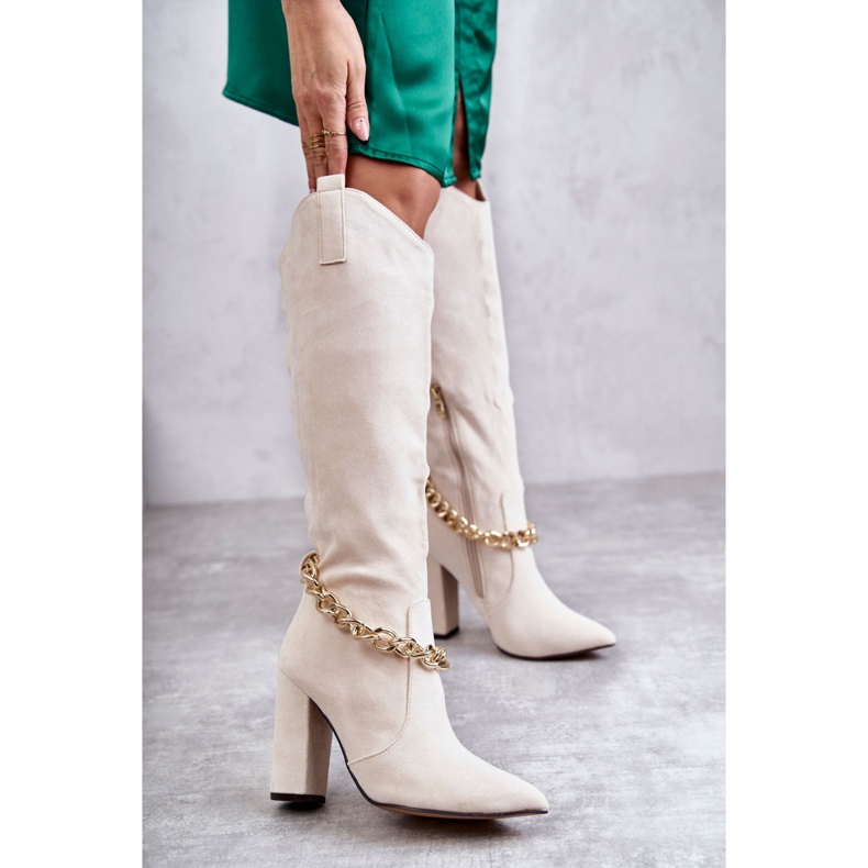 PG1 Women's Suede Warm Boots With A Chain Light Beige Jasmin 1