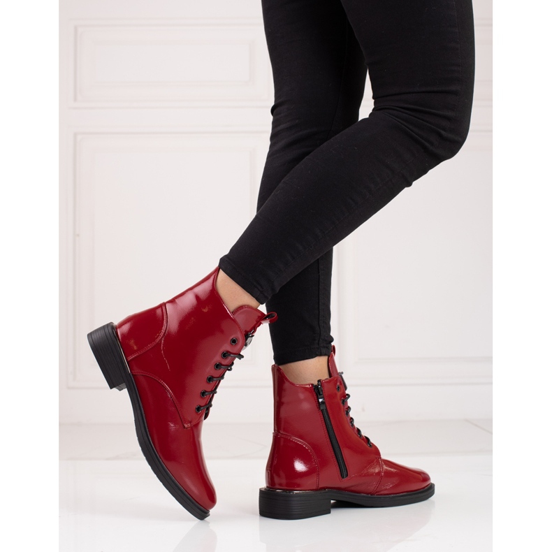 Red women's lace-up ankle boots made of patent ecological leather 1