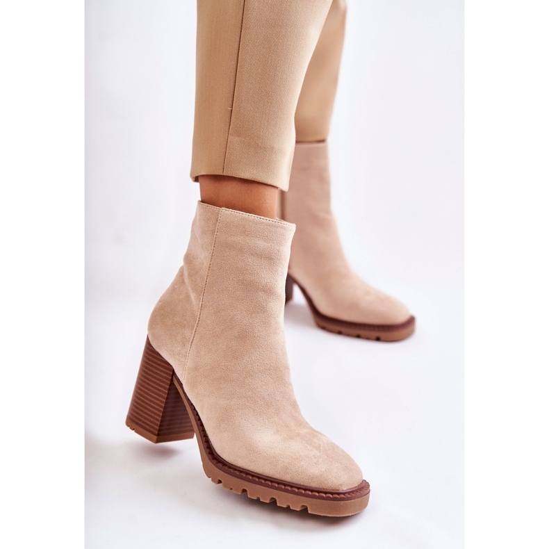 FB1 Women's Suede Boots On A Heel With A Zipper Beige Odette 1