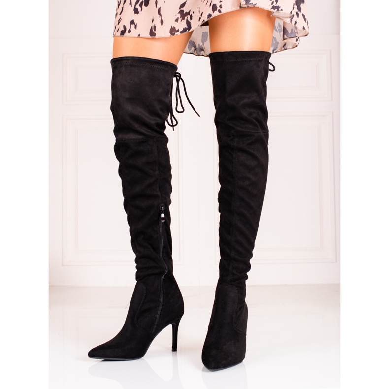 Women's suede thigh-high boots on a Shelovet heel black 2 Women's suede thigh-high boots on a Shelovet heel black 2