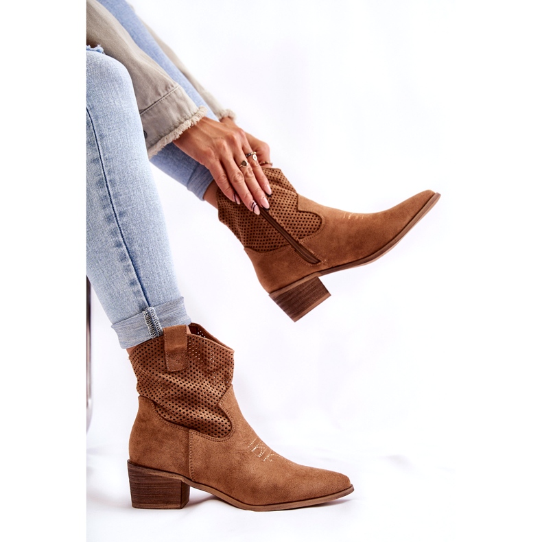 FB1 Suede Openwork Cowboy Boots With Stitching Camel Elvire B-829 brown 4