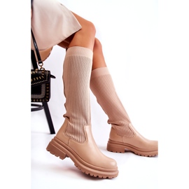 PS1 Ribbed Women's Flat Boots Beige Allys QT50P 4