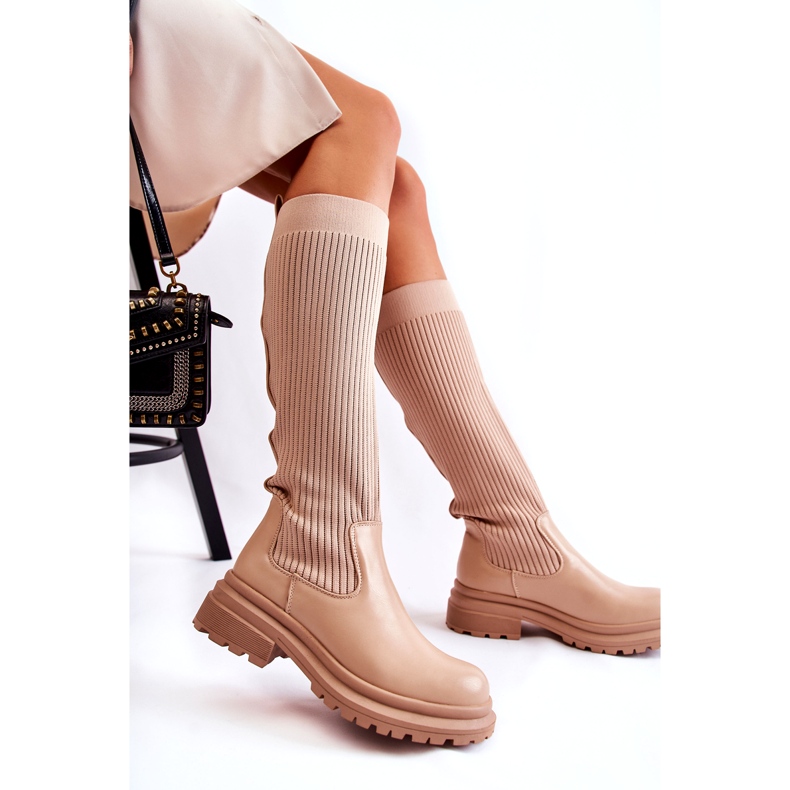 PS1 Ribbed Women's Flat Boots Beige Allys QT50P 4