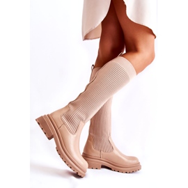 PS1 Ribbed Women's Flat Boots Beige Allys QT50P 2