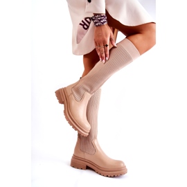PS1 Ribbed Women's Flat Boots Beige Allys QT50P 1