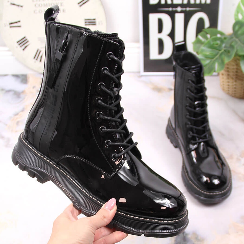 Leather black patent leather women's boots with insulated black Big Star KK274489 1