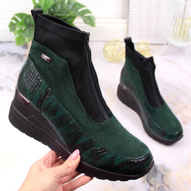 Women's boots with a wedge-heeled green crochet Jezzi 1