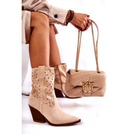 FB1 Fashionable suede cowboy boots with flowers beige Coralie B-818 1