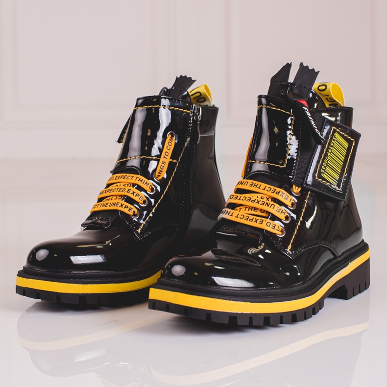 Patent leather girls boots with yellow Shelovet inserts black 1 Patent leather girls boots with yellow Shelovet inserts black 1