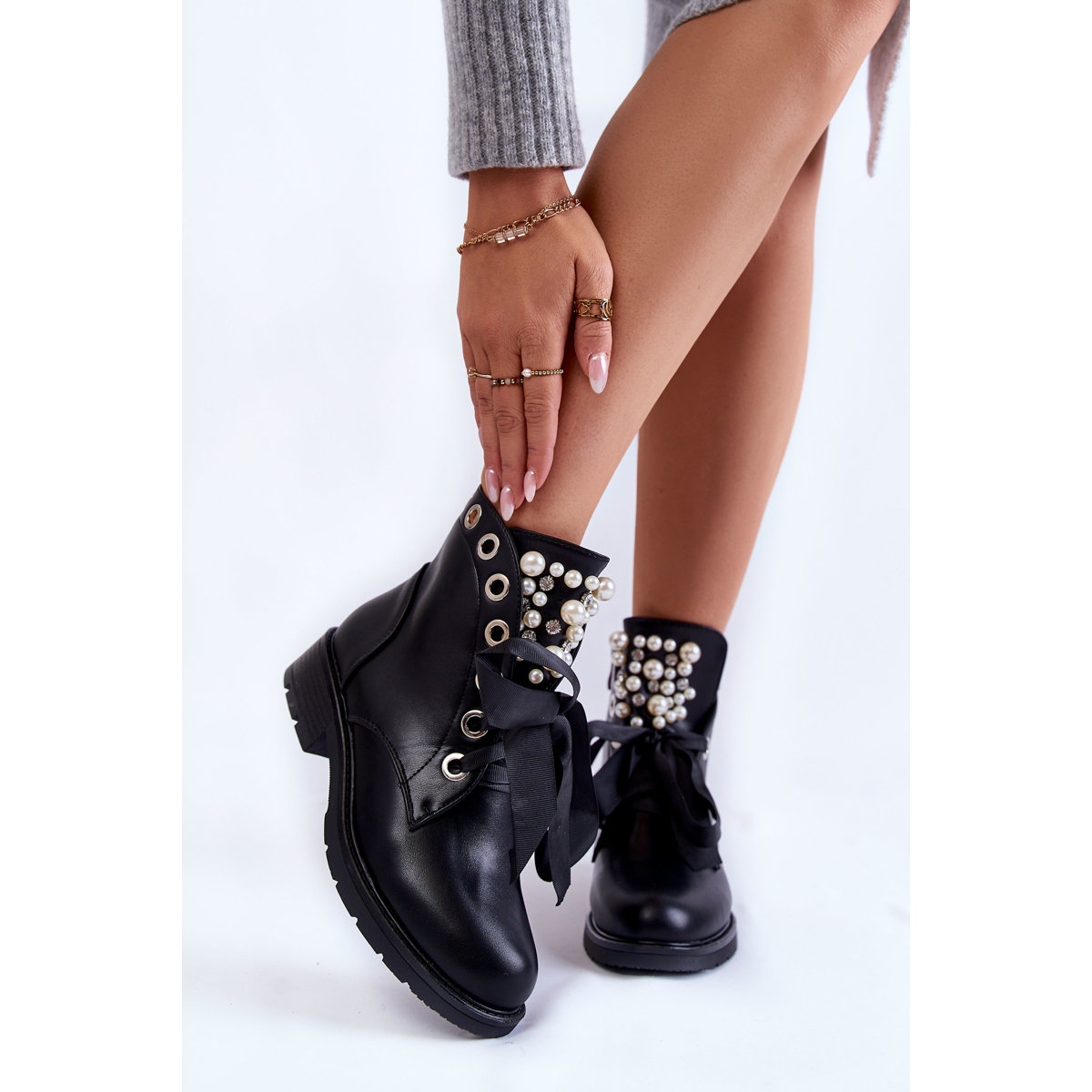 Black biker boots with pearls clearance