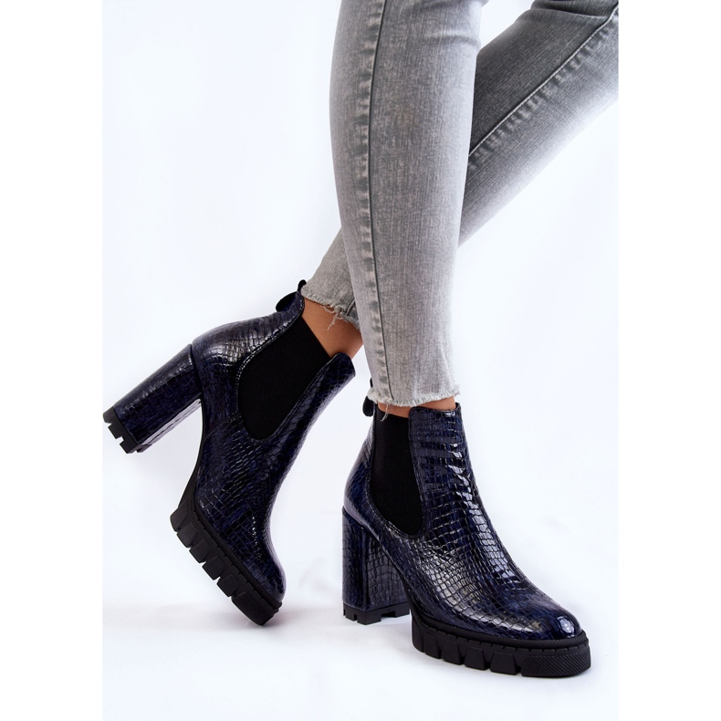 Patent Leather Ankle Boots Snake Pattern On The Block Navy Blue 2