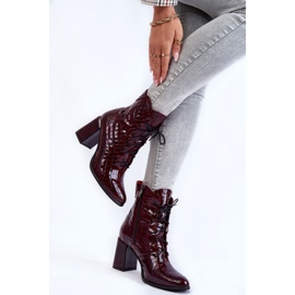 PA2 Women's Lacquered Boots On A Crocodile Heel Pattern Burgundy Alva 2