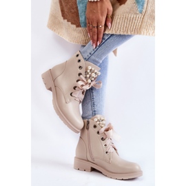 FB2 Leather, insulated boots with a zipper with pearls Raiso Beige 2