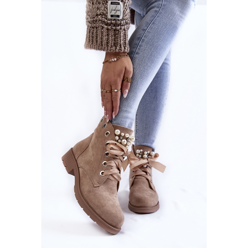 FB2 Dark Beige Raiso Suede Warm Boots With Zipper With Pearls 1