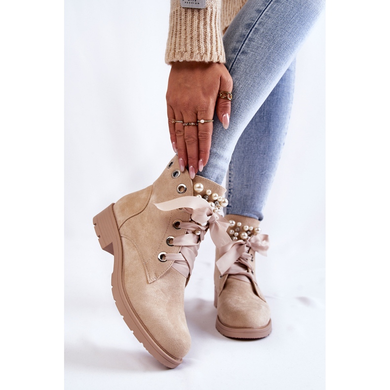FB2 Suede Warm Boots With Zipper With Pearls Beige Raiso 1